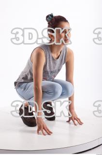 Kneeling photo references of Molly blue jeans womna singlet 0008